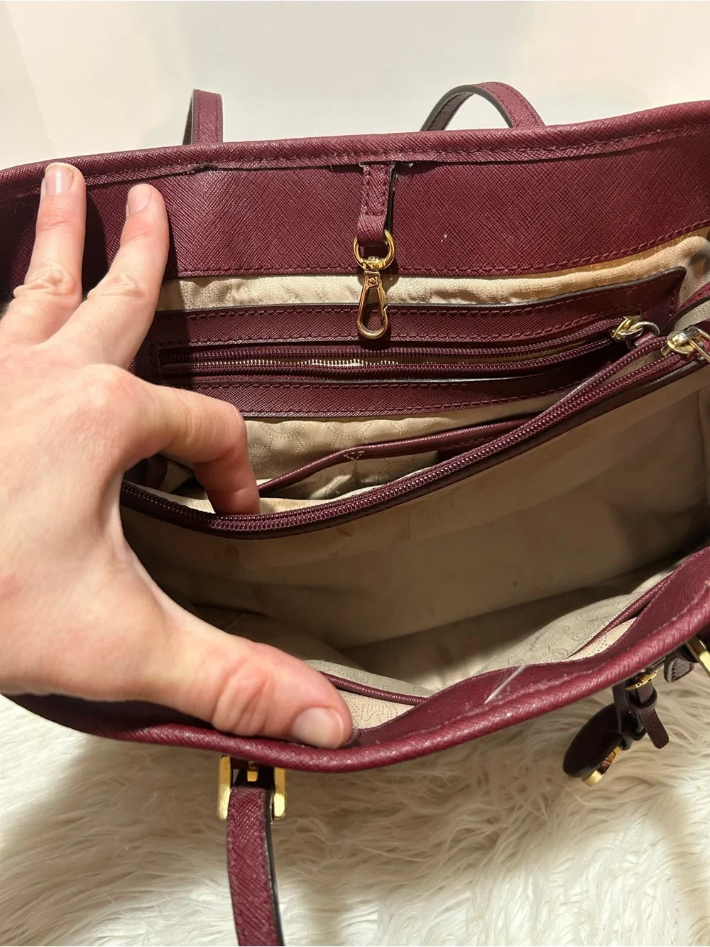 Michael Kors Wine Jet Set Travel Saffiano Leather Tote with Gold Logo Charm